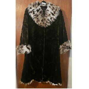 Vintage Pamela McCoy XS Faux Chocolate Mink Leopard Trim Scalloped Hem Fur Coat